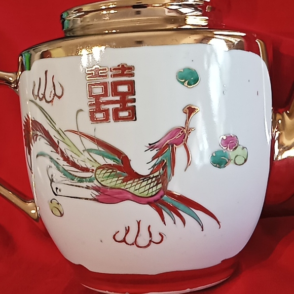 Vintage Chinese Porcelain Gold Colored Double Happiness Dragon & Phoenix Set. - Picture 12 of 16